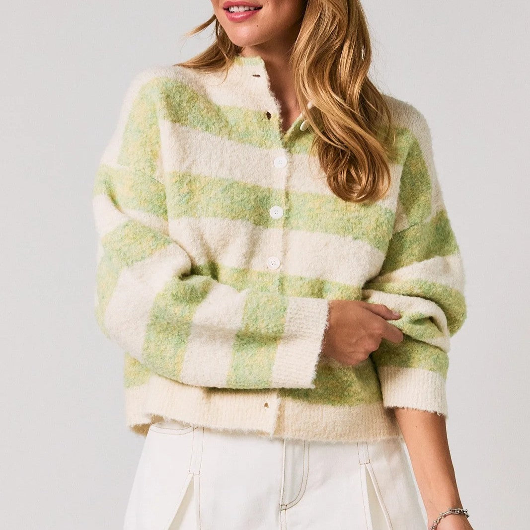 High Collar Striped Knit Cardigan
