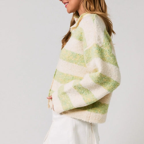 High Collar Striped Knit Cardigan