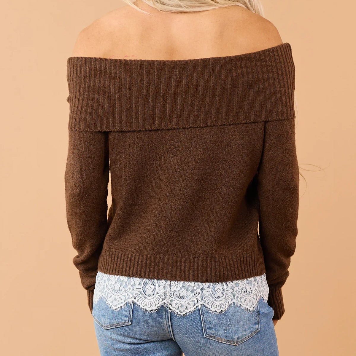 Off Shoulder Lace Hem Sweater