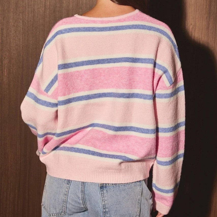 Pink Blue Striped Knit Cardigan
